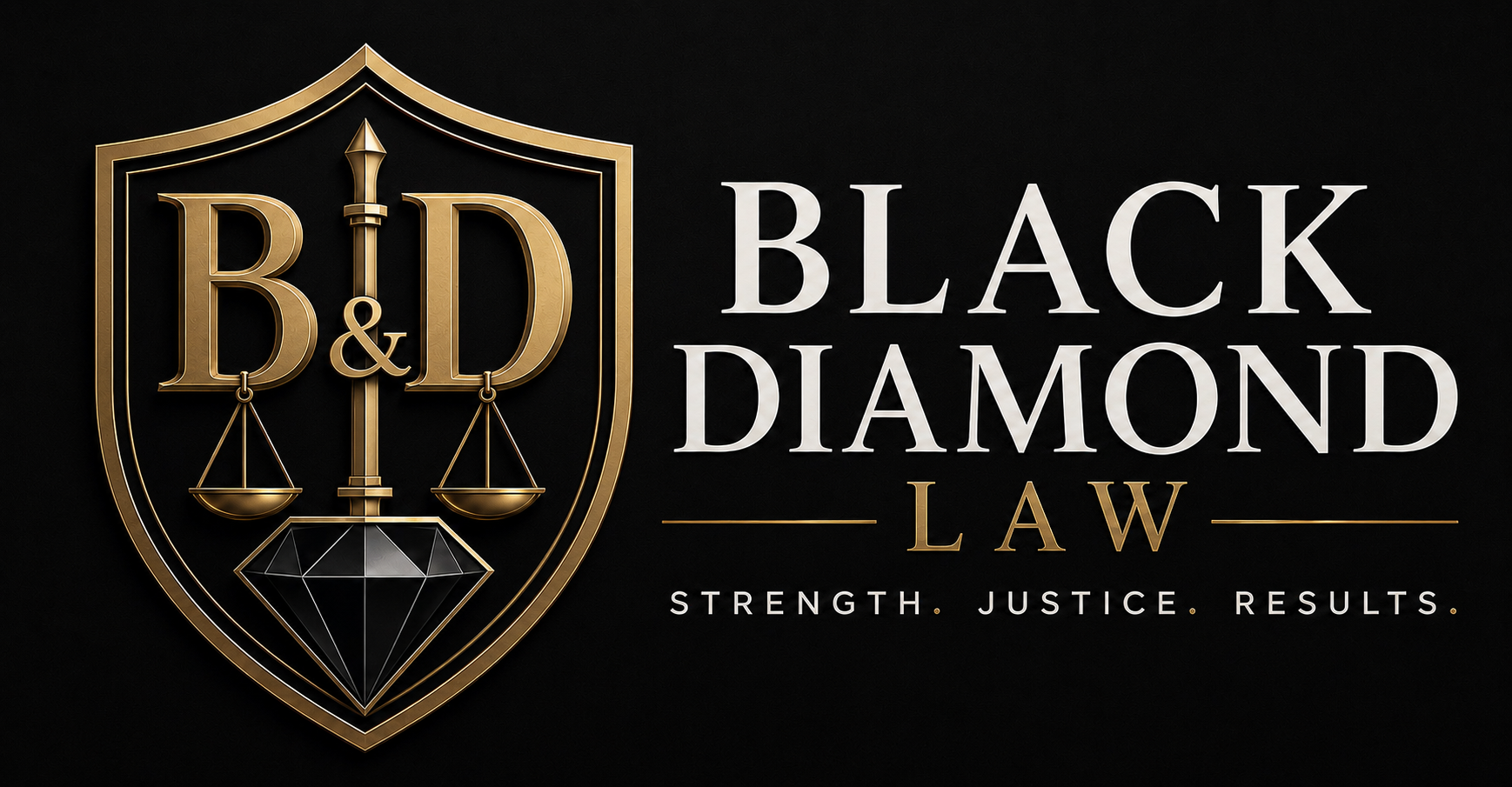 Black Diamond Law crest with balance scale and the tagline Strength. Justice. Results.